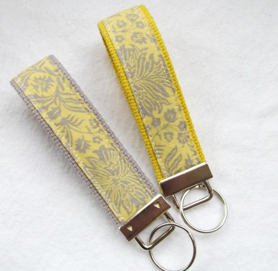 Wristlet Key Fob Key Chain in Grey & Yellow Floral Damask Etsy