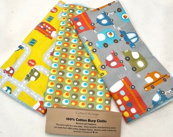 Baby Boy Burp Cloth Gift Set - On the Move - cars and trucks   - Neutral New Baby Gift Burp Pad Set