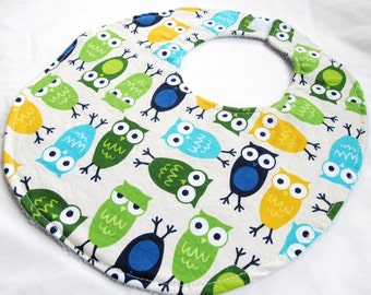 Baby Boy Bib or Toddler Boy Bib - Owls in Blue - cotton bib with terry cloth backing