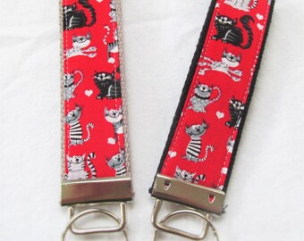 KeyFob Key Chain Wristlet - Cats - Black and White Cats on Red - Fabric Keychain