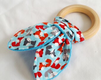 Natural Wooden Teether with Crinkles - Mini Fox in Sky - Baby Gift Neutral - Natural Teething Solutions