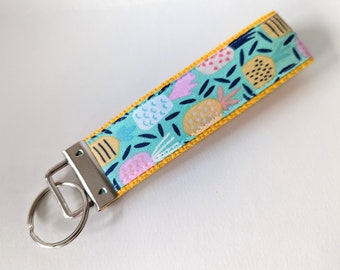 Wristlet Key Fob Key Chain - Whimsical Pineapples  - Fabric Keychain