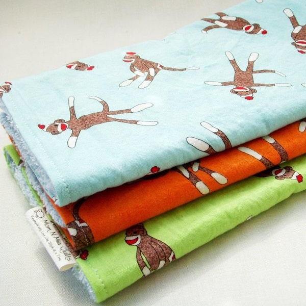 Boutique Burp Cloth Gift Set for Baby Girl or Boy  - Sock Monkey Trio - Lime, Orange & Aqua