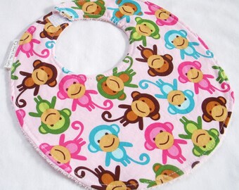 Baby Girl Bib - Monkeys in Spring  - Cotton bib with pink terry cloth backing