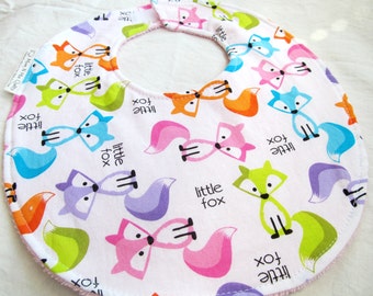 Baby Girl or Toddler Bib - Little Fox - brightly colored foxes -  cotton bib with terry cloth backing