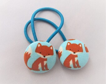 Little Fox on Aqua Blue - Ponytail holders - fabric covered button hair ties