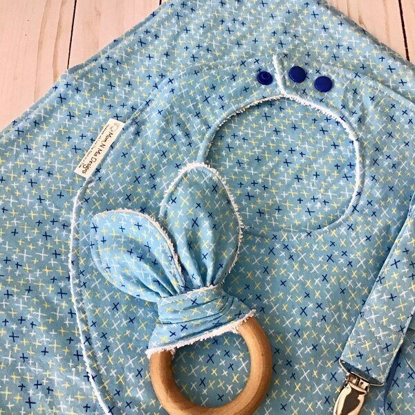 Baby Gift Set 100% Cotton 4 piece set: Burp Cloth, Bib, Paci/toy clip and Natural Wood & Fabric Teether Set - Cross stitch