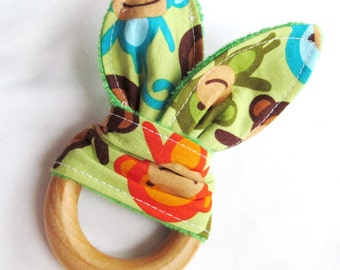 Natural Wooden Teether with Crinkles - Monkeys in Bermuda with Minky Dot - New Baby Gift - Natural Teething