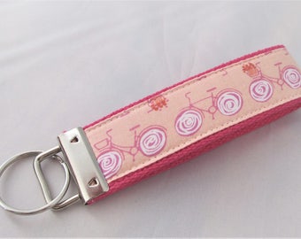 Wristlet Key Fob Key Chain - Bicycles in Peach and Pink  - Fabric Keychain