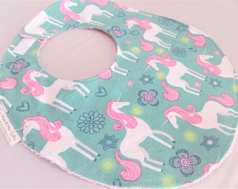 Baby Girl Bib - Toddler Girl Bib - Unicorns in Pink on Aqua - Designer Cotton Bib with Terry Cloth Backing