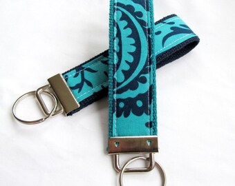 Key Fob Key Chain Wristlet in Amy Butler Acanthus in Teal - designer fabric Keychain
