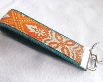 Wristlet Key Fob Key Chain in Heirloom Tile Flourish in Amber - Aqua and Orange - Fabric Keychain