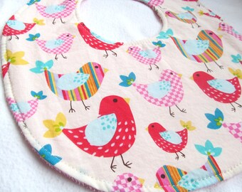 Boutique Bib - Rainbow Birdies - Cotton bib with pink terry cloth backing