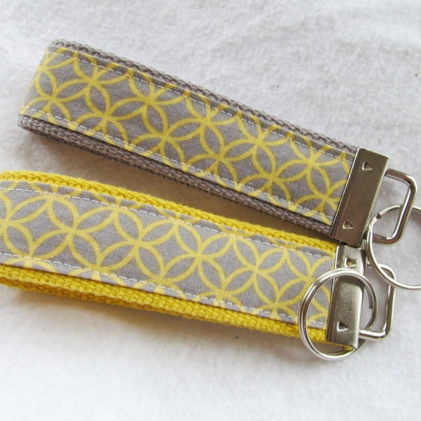 Wristlet Key Fob Key Chain in Grey & Yellow Cathedral Window - Choose One in Your Choice of Yellow or Gray Webbing