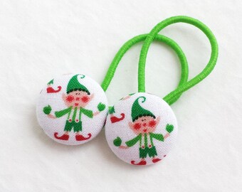 Ponytail holders - Santa's Elves - Great stocking stuffer - Winter Holiday Christmas ponytail holder - fabric covered button hair ties