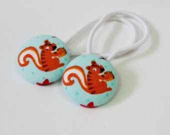 Ponytail holders - Little Squirrels on Aqua - fabric covered button hair ties