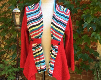 M Funky Upcycled Sweater Red Blue Patchwork Medium