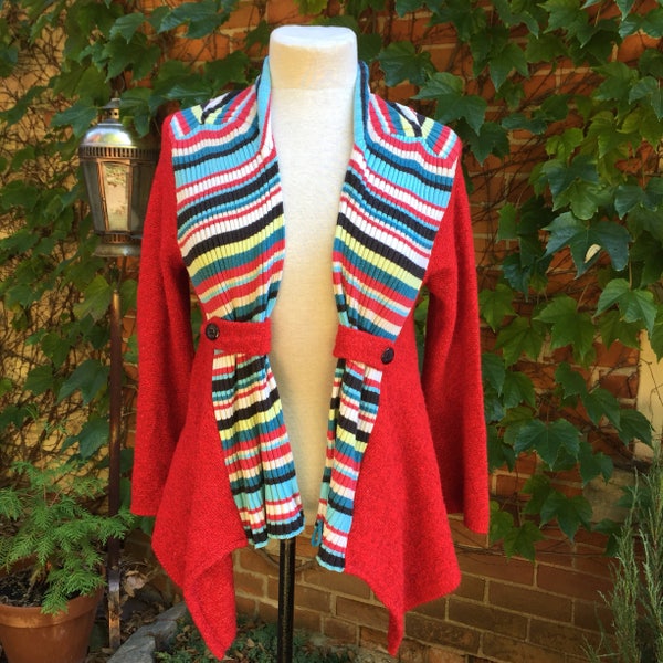 M Funky Upcycled Sweater Red Blue Patchwork Medium