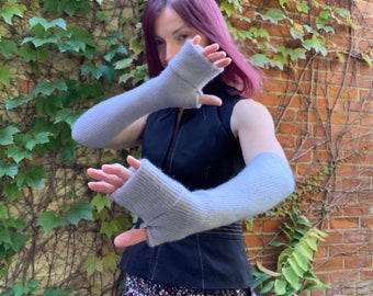 Light Gray Silver Cashmere Arm Warmers Upcycled Fingerless Sleeves Gloves