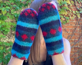 Thick Blue Turquoise Wool Cashmere Lined Mittens