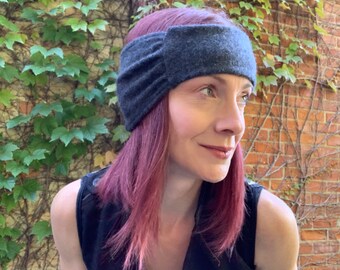 Cashmere Wide Headband Upcycle Dark Gray Reversible