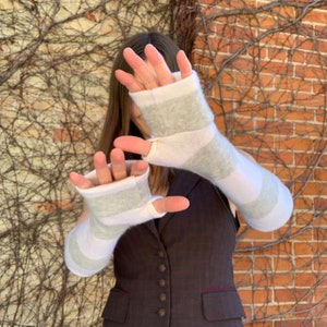 Striped Gray Cream Fingerless Sleeves Elf Pixie Fairy Arm Warmers Long Mittens Gloves Cashmere Wool