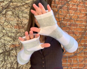 Striped Gray Cream Fingerless Sleeves Elf Pixie Fairy Arm Warmers Long Mittens Gloves Cashmere Wool