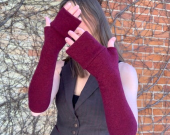 Deep Red Cashmere Arm Warmers Fingerless Sleeves Gloves