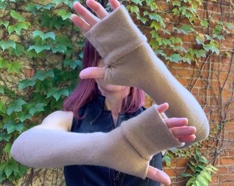 Tan Sand Beige Arm Warmers Fingerless Sleeves Cashmere Tan