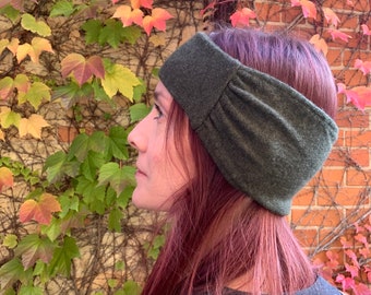 Green Reversible Cashmere Wide Headband Upcycled