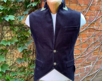 SM Mens Black Velvet Corduroy Steampunk Vest Equestrian Dandy Dapper Small Medium