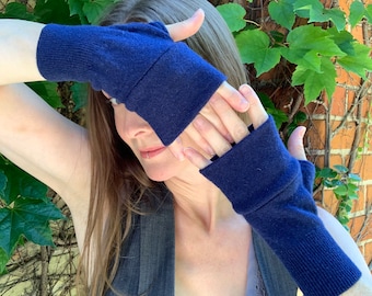 Fingerless Gloves Wrist Warmers Upcycled Blue Cashmere