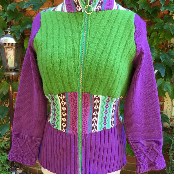 L Funky Upcycled Zip up Sweater Purple Green Patchwork Festival Medium Large