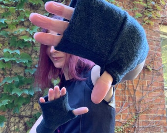 Deep Gray Green Fingerless Gloves Wrist Warmers Upcycled Cashmere