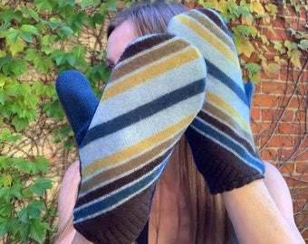 Brown Blue Green Wool Striped Cashmere Lined Mittens