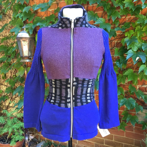 S Royal Blue Upcycled Zip up Sweater Purple Green Patchwork Festival Small