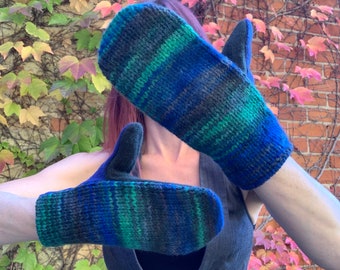 Green Blue Thick Wool Cashmere Lined Upcycled Mittens