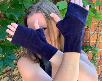 Fingerless Gloves Wrist Warmers Upcycled Navy Cashmere