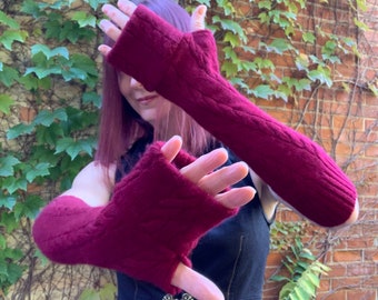 Maroon Burgundy Cashmere Arm Warmers Fingerless Sleeves Gloves