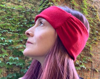 Reversible Cashmere Wide Headband Upcycled Bright Poppy Red