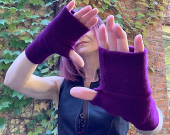 Plum Purple Fingerless Gloves Wrist Warmers Upcycled Cashmere