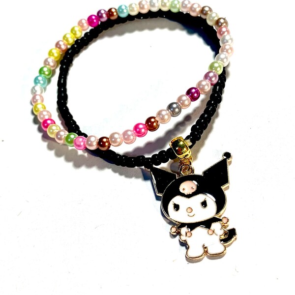 2pcs Hello Kitty and Friends Charm Stretch Bracelets Multicolor Glass Acrylic Beads Imitation Pearl 6.5” Cute Preppy Girl Gift