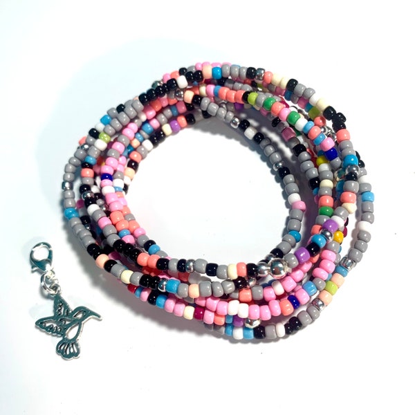 8pcs Mix And Match Stretch Bracelet Combo Multicolor Glass Seed Beads Free Attachable Hummingbird Charm 6.5”