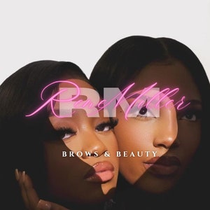 Puede incluir: Dos mujeres con cabello oscuro y maquillaje, sus rostros juntos. El texto "Rene Miller" en letras de neón rosa está por encima de ellas, y el texto "Brows & Beauty" está debajo.