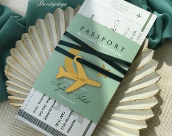 Reisepass Hochzeitseinladung, gravierter Flugzeuganhänger, Bordkarte, stilvolle Einladung