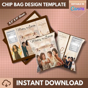 May include: Chip bag design template featuring the text "Waiting to Exhale" and "November XX, 202X". The design includes images of people and a nutrition facts label. The sheet size is 21.59 cm x 27.94 cm.