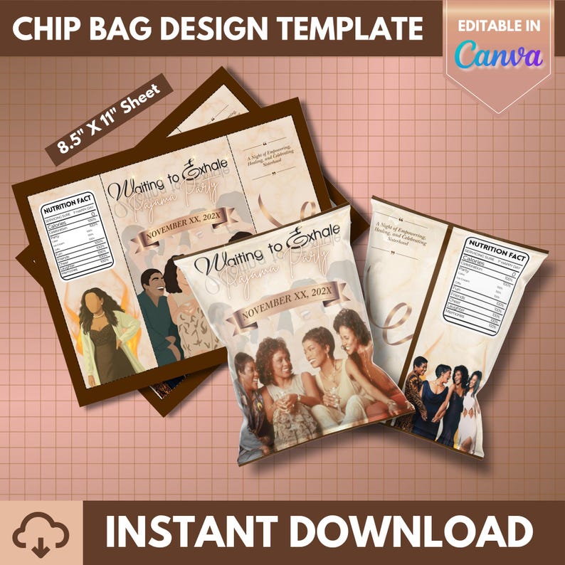 May include: Chip bag design template featuring the text "Waiting to Exhale" and "November XX, 202X". The design includes images of people and a nutrition facts label. The sheet size is 21.59 cm x 27.94 cm.