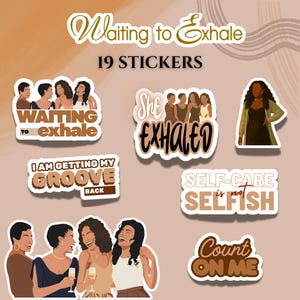 Peut inclure: Un ensemble de 19 autocollants aux tons marron et beige. Les autocollants présentent des illustrations de femmes et des phrases telles que "Waiting to Exhale", "She Exhaled" et "Self-Care is not Selfish."