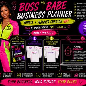 May include: A digital marketing graphic for the Boss Babe Business Planner bundle. It features text, a person in a neon pink and green jumpsuit, and four sections detailing a business planner, journal workbook, worksheets, and a planner generator.