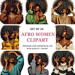 Clip Art | 24 Lindas Garotas Negras PNG | Pacote | Garota Negra Afro | Cabelo Grande | Sublimação | Download Digital | DV DTF | DTF | Alta Qualidade